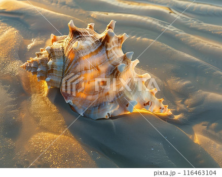 Solitary spiral seashell rests on white sand, ocean life reminder 116463104