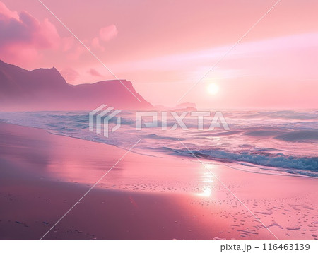 Mountain peaks bathed in vibrant hues at sunrise, mist dances in valley 116463139