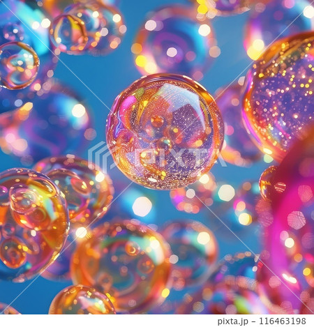 Floating transparent bubbles on a shiny blue background 116463198