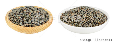 raw french green lentils in wooden and ceramic bowl isolated on white background with full depth of field 116463634