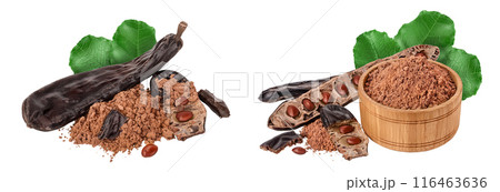 Carob pod and powder in wooden bowl isolated on white background with full depth of field. 116463636