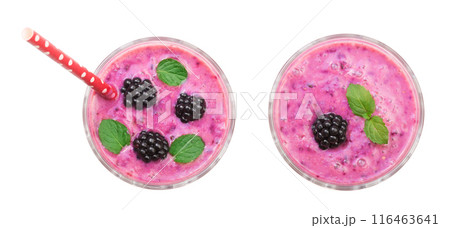 blackberry yogurt or smoothie with mint leaves isolated on white background. Top view. Healthy Eating 116463641