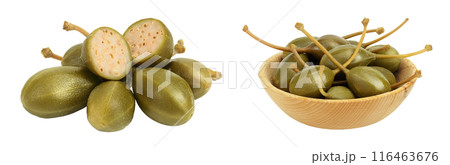 Capers in wooden bowl isolated on white background. Pickled or canned capers. Capers in wooden bowl isolated on white background. Pickled or canned capers. 116463676