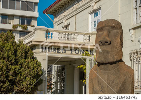 Moai statue in Vina del Mar, close to Valparaiso and Santiago in front of Fonck museum Moai statue in Vina del Mar, close to Valparaiso and Santiago in front of Fonck museum 116463745