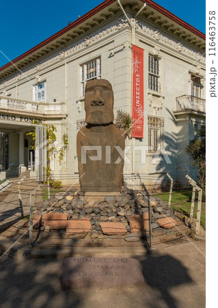 Moai statue in Vina del Mar, close to Valparaiso and Santiago in front of Fonck museum Moai statue in Vina del Mar, close to Valparaiso and Santiago in front of Fonck museum 116463758