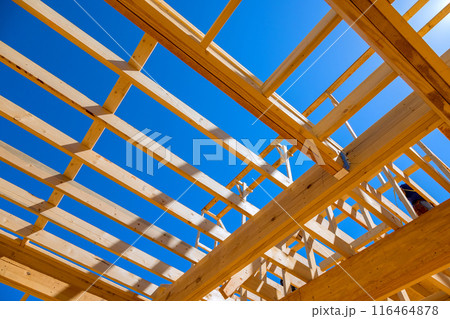 New house was constructed utilizing ceiling rafter framework beams 116464878