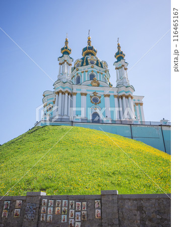 【ウクライナ】首都キーウのタンポポが咲き誇る丘の上に建つ聖アンドリーイ教会と快晴の青空 116465167