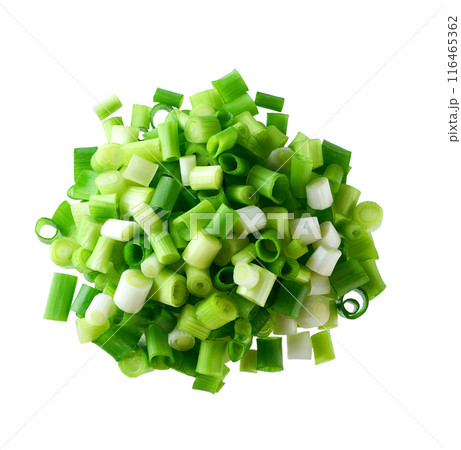 Heap spring chopped onions isolated on a white background.  Top view. 116465362