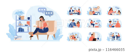 Hygge set. Happy people relaxing at home, family members leisure time. Slow lifestyle approach. Idea of coziness and comfort. Body and mind balance. Flat vector illustration 116466035