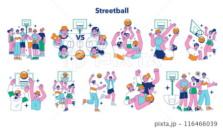Streetball game set. Team players play basketball outside. Teen or young adult characters in a sportswear play with a ball. Flat vector illustration. Streetball game set. Team players play basketball outside. Teen or young adult characters in a sportswear play with a ball. Flat vector illustration. 116466039