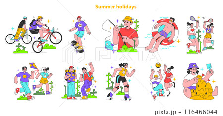 Summer holidays set. Active outside leisure on a summer break. Boys and girls enjoying being outside in the city park or nature. Children or teens having fun together. Flat vector illustration 116466044