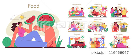 People cooking and eating food set. Character enjoying delivered or homemade meal. Delicious nutritions for family dinner or party. Flat vector illustration 116466047