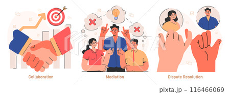 Compromise set. Finding common ground and search for mutual agreement. Communication, empathy and trust between characters. Establishing a cooperative relationship. Flat vector illustration Compromise set. Finding common ground and search for mutual agreement. Communication, empathy and trust between characters. Establishing a cooperative relationship. Flat vector illustration 116466069