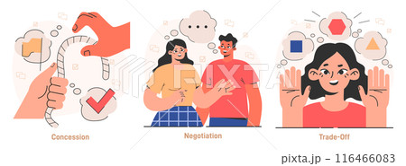 Compromise set. Finding common ground and search for mutual agreement. Communication, empathy and trust between characters. Establishing a cooperative relationship. Flat vector illustration 116466083