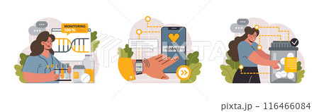 Healthtech set. Innovative diagnosis and treatment methodics. Telemedicine, health monitoring, laboratory research. Modern technologies for disease prevention and treatment. Flat vector illustration 116466084