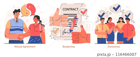 Compromise set. Finding common ground and search for mutual agreement. Communication, empathy and trust between characters. Establishing a cooperative relationship. Flat vector illustration 116466087