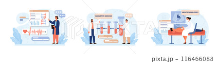 Healthtech set. Innovative diagnosis and treatment methodics. Telemedicine, health monitoring, laboratory research. Modern technologies for disease prevention and treatment. Flat vector illustration 116466088