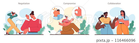 Soft skill development set. Conflict resolution skill. Person resolve a conflict, find compromise on opposite opinions. Self-development and psychological maturity. Flat vector illustration 116466096