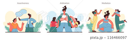 Soft skill development set. Conflict resolution skill. Person resolve a conflict, find compromise on opposite opinions. Self-development and psychological maturity. Flat vector illustration 116466097