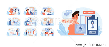 Healthtech set. Innovative diagnosis and treatment methodics. Telemedicine, health monitoring, laboratory research. Modern technologies for disease prevention and treatment. Flat vector illustration 116466137