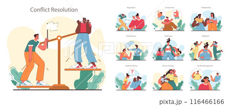 Soft skill development set. Character with conflict resolution skill. Person resolve a conflict, find compromise on opposite opinions. Self-development and psychological maturity. Flat vector 116466166