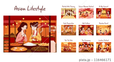 Asian people lifestyle and culture set. Characters enjoying their free time by doing leisure activities at home. Japanese, chinese or korean woman and man in traditional clothes. Flat vector 116466171