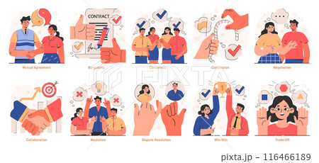 Compromise set. Finding common ground and search for mutual agreement. Communication, empathy and trust between characters. Establishing a cooperative relationship. Flat vector illustration 116466189