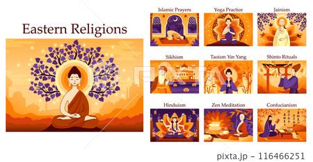Eastern religion set. Asian and middle East religious ideas and rituals. Hinduism, Shinto, Islam, Taoism. Human different religions symbols. Flat vector illustration 116466251