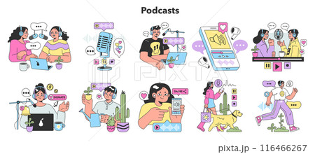 Podcast. Character recording audio podcast or audio online show. Radio host interviewing guest, mass media broadcasting. Flat vector illustration Podcast. Character recording audio podcast or audio online show. Radio host interviewing guest, mass media broadcasting. Flat vector illustration 116466267