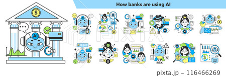 Banking industry automatization with artificial intelligence set. Fintech development. Financial services neural network assistance. Digital economy. Flat vector illustration 116466269