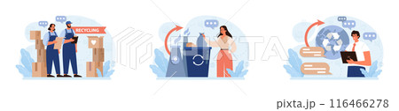 Sustainability set. Environmental protection, climate and nature preservation. Social responsibility, conscious consumption and carbon footprint reduction. Circular economy. Flat vector illustration Sustainability set. Environmental protection, climate and nature preservation. Social responsibility, conscious consumption and carbon footprint reduction. Circular economy. Flat vector illustration 116466278
