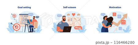 Personal growth set. Professional or personal development. Employee soft skill progress. Effective goal-setting, motivation and time management. Flat vector illustration Personal growth set. Professional or personal development. Employee soft skill progress. Effective goal-setting, motivation and time management. Flat vector illustration 116466280