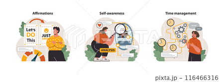 Personal growth set. Professional or personal development. Employee soft skill progress. Effective goal-setting, motivation and time management. Flat vector illustration 116466316