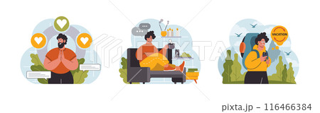 Modern wellbeing practice set. Slow, mindful and sustainable living. Urban lifestyle principles for harmony, personal growth, stress reduction and happiness. Flat vector illustration 116466384