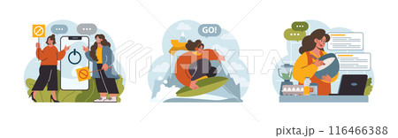 Modern wellbeing practice set. Slow, mindful and sustainable living. Urban lifestyle principles for harmony, personal growth, stress reduction and happiness. Flat vector illustration Modern wellbeing practice set. Slow, mindful and sustainable living. Urban lifestyle principles for harmony, personal growth, stress reduction and happiness. Flat vector illustration 116466388