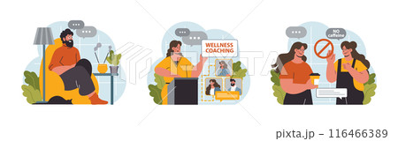 Modern wellbeing practice set. Slow, mindful and sustainable living. Urban lifestyle principles for harmony, personal growth, stress reduction and happiness. Flat vector illustration 116466389