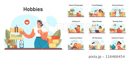 Hobbies set. Female character enjoying their free time. Daily life leisure activities and entertainment. Modern artistic professions. Flat vector illustration 116466454
