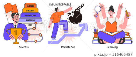 Self-development set. Increasing of individual or professional competencies and skills. Self-motivation and efficacy. Personal improvement, soft skills development. Flat vector illustration Self-development set. Increasing of individual or professional competencies and skills. Self-motivation and efficacy. Personal improvement, soft skills development. Flat vector illustration 116466487