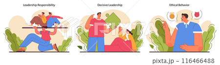 Leadership skills set. Top manager soft skills and professional qualities leading a work team towards success. Coaching, motivation and personnel efficiency improvement. Flat vector illustration 116466488