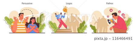 Persuasion set. Soft skill, the ability to convince people. Cognitive influence and authoritative opinion. Motivation, inspiration and control on decision making. Flat vector illustration 116466491