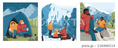 Mountaineering set. Mountain climbers with backpacks during nature adventure. People climbing rock wall, sitting near campfire and hiking in the hills. Flat vector illustration 116466514
