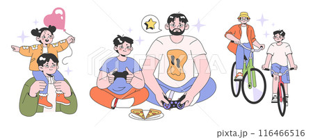 Father and children relationships set. Happy loving family, positive parenting and nurturing. Care, trust and support between parent and a child. Man and kid daily life. Flat vector illustration. 116466516