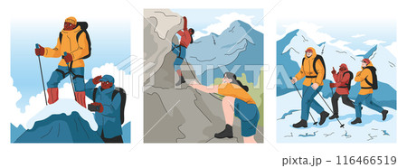 Mountaineering set. Mountain climbers with backpacks during nature adventure. People climbing rock wall, sitting near campfire and hiking in the hills. Flat vector illustration 116466519