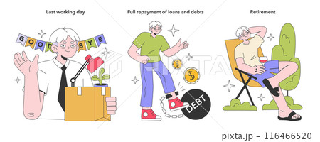 Senior life milestones set. Getting old and maturing, retirement and spending time with family. Aged people experience. Flat vector illustration. Senior life milestones set. Getting old and maturing, retirement and spending time with family. Aged people experience. Flat vector illustration. 116466520