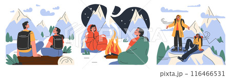 Mountaineering set. Mountain climbers with backpacks during nature adventure. People climbing rock wall, sitting near campfire and hiking in the hills. Flat vector illustration Mountaineering set. Mountain climbers with backpacks during nature adventure. People climbing rock wall, sitting near campfire and hiking in the hills. Flat vector illustration 116466531