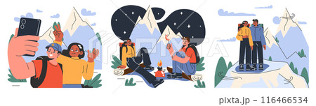 Mountaineering set. Mountain climbers with backpacks during nature adventure. People climbing rock wall, sitting near campfire and hiking in the hills. Flat vector illustration Mountaineering set. Mountain climbers with backpacks during nature adventure. People climbing rock wall, sitting near campfire and hiking in the hills. Flat vector illustration 116466534