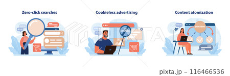 Digital marketing set. Marketing strategy development innovative techniques, tools and services. Web marketing technologies for brand online promotion. Flat vector illustration 116466536