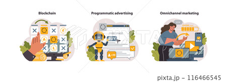 Digital marketing set. Marketing strategy development innovative techniques, tools and services. Web marketing technologies for brand online promotion. Flat vector illustration Digital marketing set. Marketing strategy development innovative techniques, tools and services. Web marketing technologies for brand online promotion. Flat vector illustration 116466545