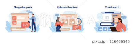 Digital marketing set. Marketing strategy development innovative techniques, tools and services. Web marketing technologies for brand online promotion. Flat vector illustration 116466546