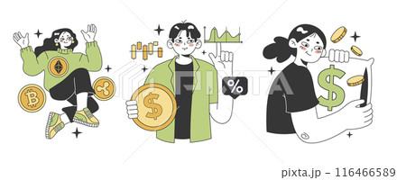 Financial literacy set. Personal budget development, money planning and control. Currency balance, assets management. Financial well-being. Flat vector illustration 116466589